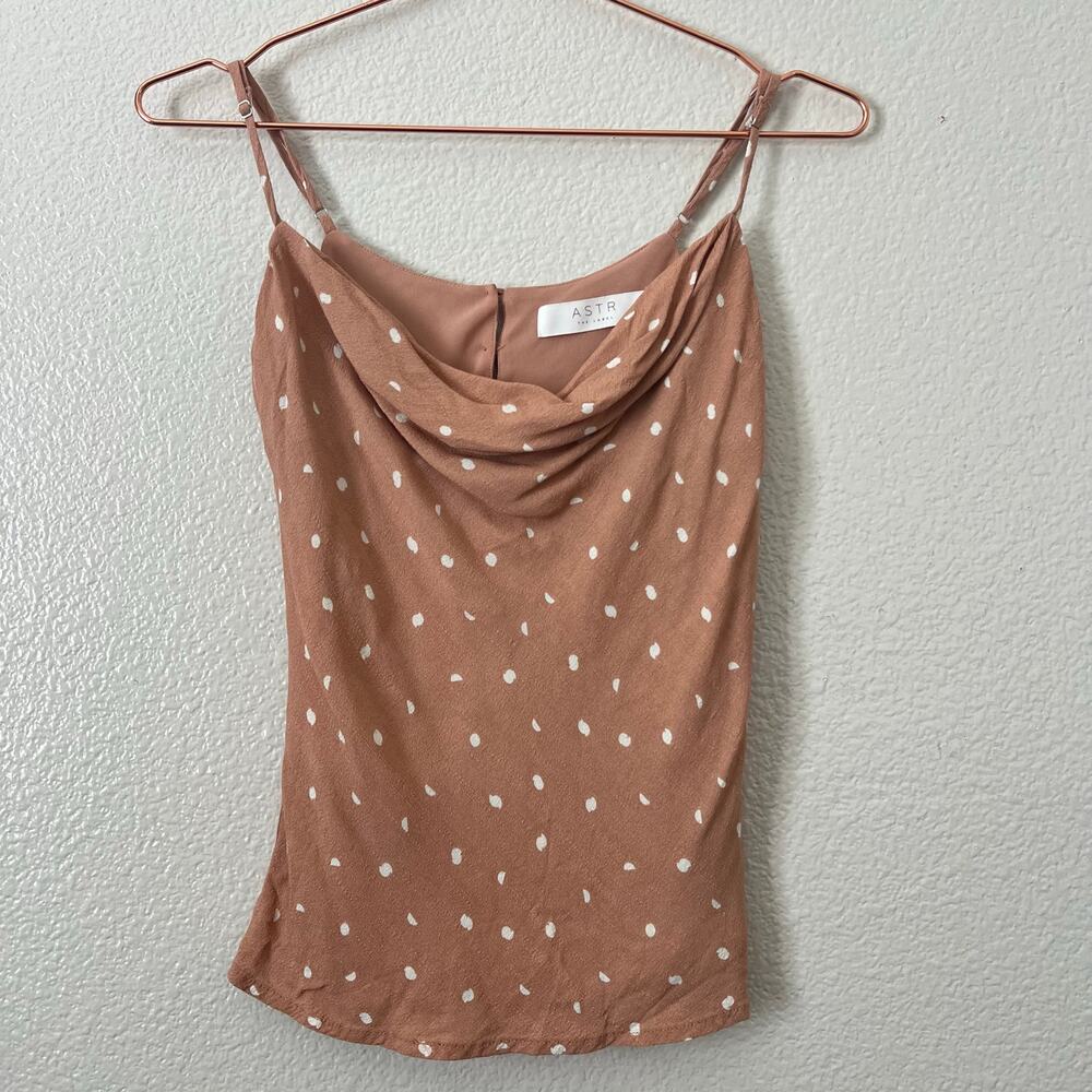 ASTR The Label orange peach white dot print cowl neck tank top crepe texture